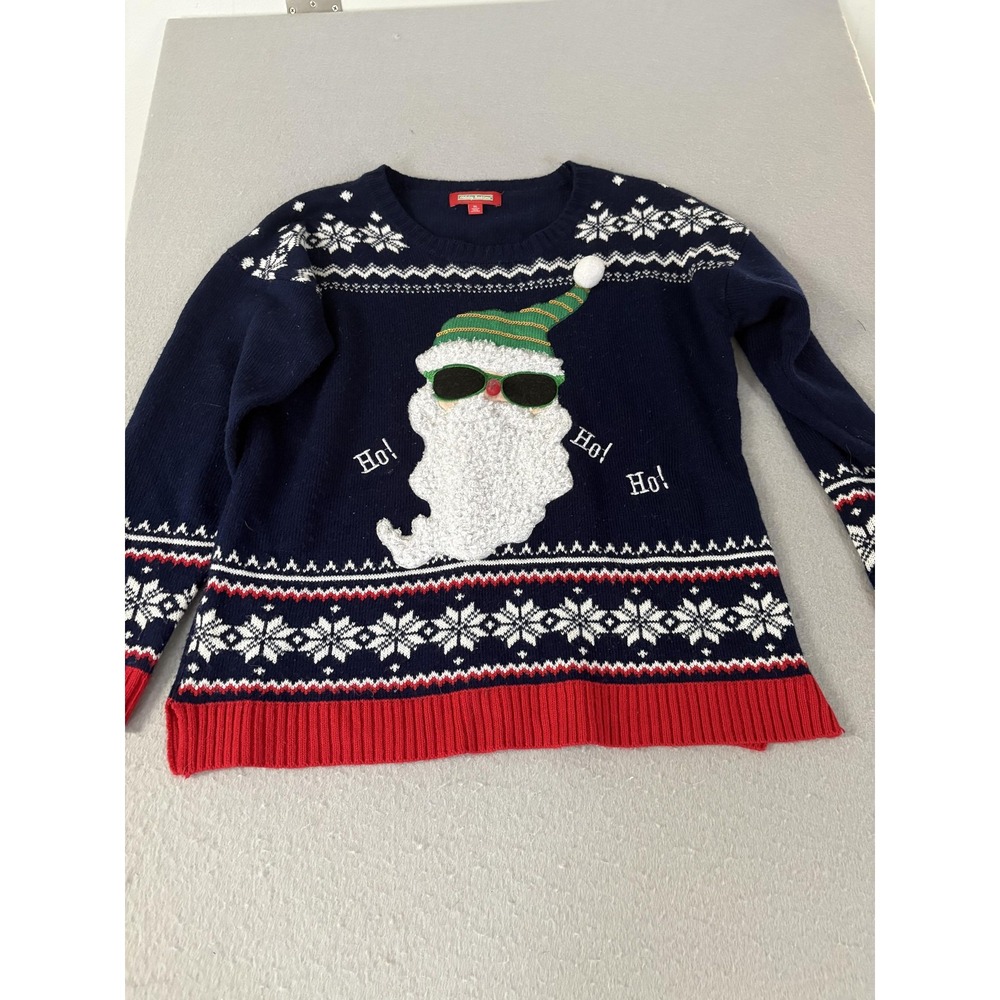 Holiday Traditions ugly Christmas Sweater Womens XL Navy Red Santa Crewneck